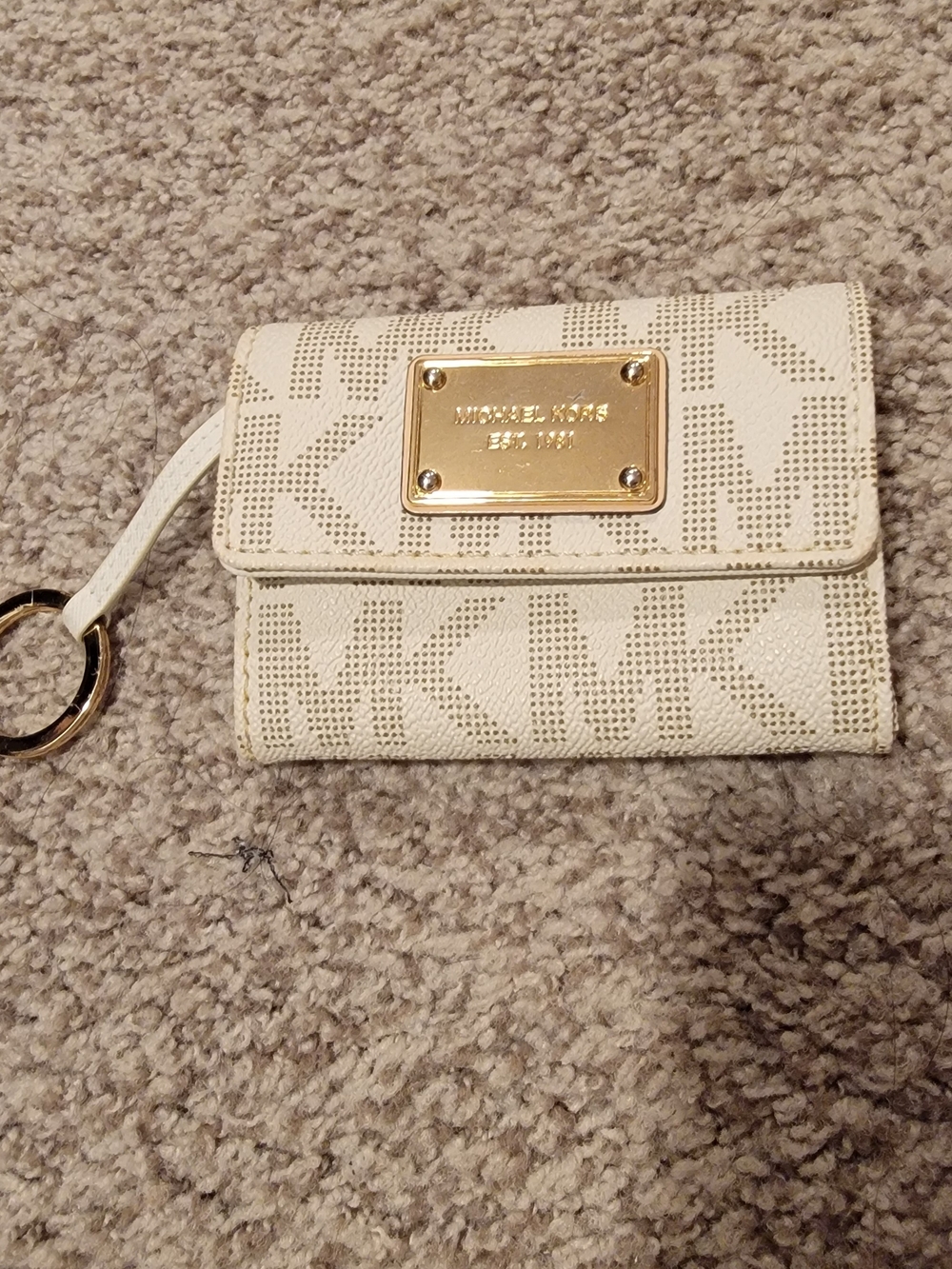 Michael Kors Cream Logo Wristlet Key Pouch with Gold Plate